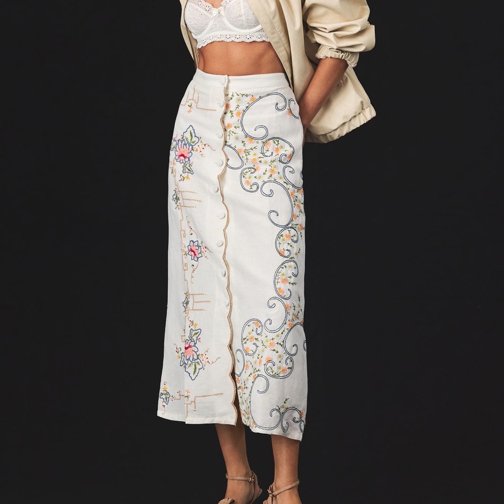 Anthropologie Floral Embroidered Maxi Skirt
